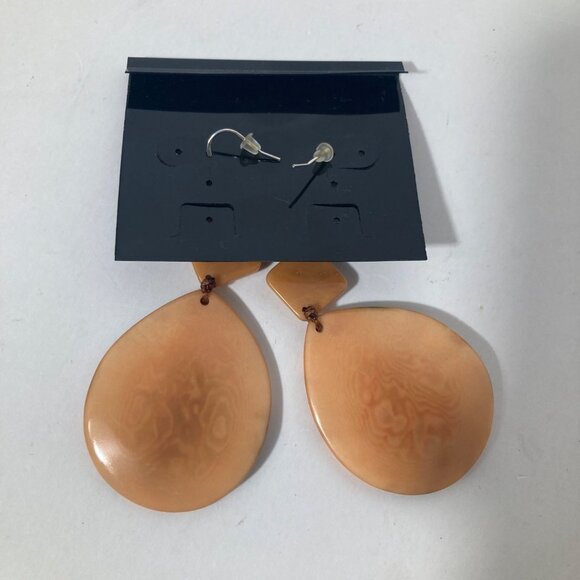 Tagua Nut Dangle Earrings 3" Peach  Brown Cream - Picture 4 of 4